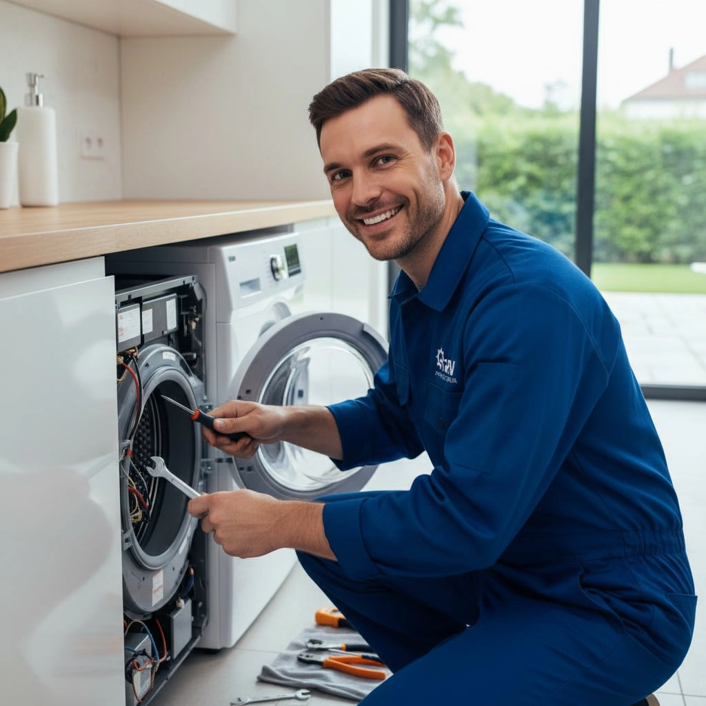 Same-day washer repair technician fixing a front-load washing machine in a Mississauga home